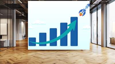 Financial report graph with exponential arrow from flying rocket, exponential growth or compound interest, investment, wealth or earning rising up graph, business sales or profit increase (Vector) Wall mural