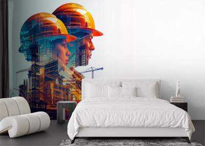 illustration digital building construction engineering with double exposure graphic design. Building engineers, architect people or construction workers working with modern civil equipment technology Wall mural