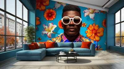 Modern pop art portrait of handsome African man in white sunglasses on floral background. Contemporary drawing painting poster of stylish fashion people in vintage retro style Wall mural