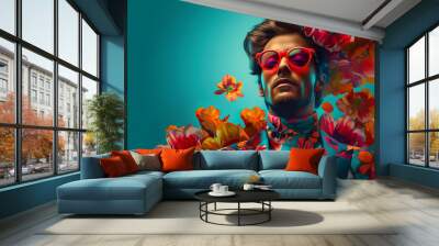 Modern pop art portrait of handsome man in red sunglasses wearing colorful blazer on minimal floral background. Contemporary drawing painting poster of stylish fashion people in vintage retro style Wall mural