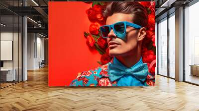 Modern pop art portrait of handsome man male in sunglasses on minimal red blooming floral background. Contemporary drawing painting poster of stylish fashion people in vintage retro style Wall mural