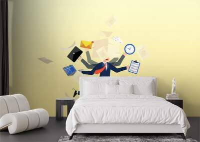 Stressful businessman carry busy work to finish, busy work and multitasking employee, hurry to finish many documents within deadline and schedule, overworked or exhausted from overload tasks (Vector) Wall mural