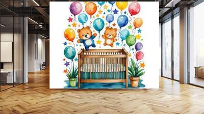 Illustration of a baby celebration, room with a crib. balloons, stars and two cute bears. On white background Wall mural