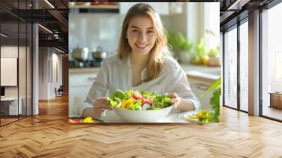 a girl is smiling as she eats a healthy dinner, beautiful women, colorist, lunch in the kitchen, vegan food, vegetarian, fruits, female nutritionist analyzing the nutritional components of the dish Wall mural