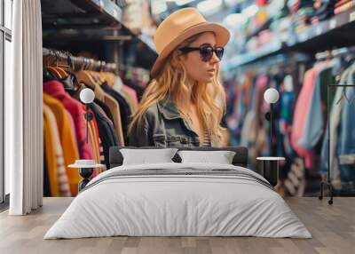 Young woman shopping in a clothing store, a young woman with long blonde hair wearing a striped beanie and glasses, standing in a clothing store aisle surrounded by various garments on racks Wall mural