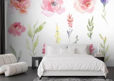 Watercolor isolated floral elements, flowers and leaves Wall mural