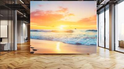 Summer Vacation background - Footprints on tropical beach at sunset time Wall mural