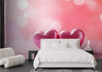 Pink background with hearts, Two Hearts On Pink Glitter In Shiny Backgroun Wall mural