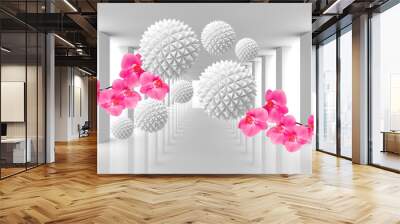 A tunnel with balloons and orchids. 3d image. 3d photo wallpapers. Digital mural. Wall mural