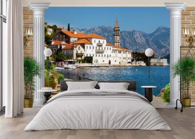 Boats at the pier. Digital illustration. Wallpaper on the wall. The fresco. Wall mural