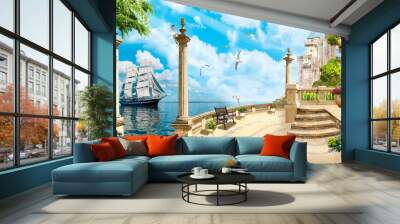 Digital illustration, a sailing ship in the bay. Beautiful view from the embankment. Photo wallpapers. Mural on the wall. Wall mural