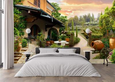 Rustic landscape, villa with a terrace by the forest. photo wallpapers. Wall mural