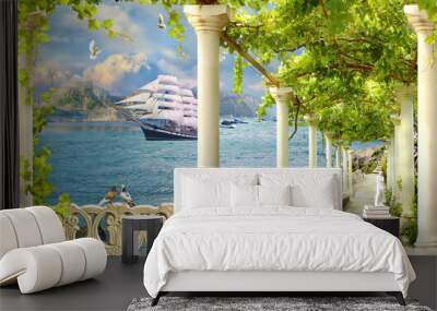 Terrace with columns by the sea. The sailboat entered the bay. Photo wallpapers for printing. Wall mural