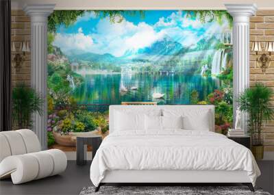 Wallpaper on the wall, landscape lake with a swan. Photo wallpapers. The fresco. Wall mural