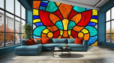 Colorful stained glass window. Abstract stained-glass background. Art Nouveau decor for interior. Vintage pattern. Luxury modern interior. Transparency. Color light. Multicolor template. Wall mural