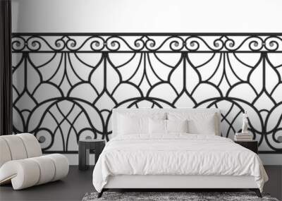 Iron railings for the city. Art Nouveau. Blacksmithing. Urban design. Balcony. Terrace. Facades. Classic architecture. Template for architectural projects. Iron fence. Isolated. White background.	 Wall mural