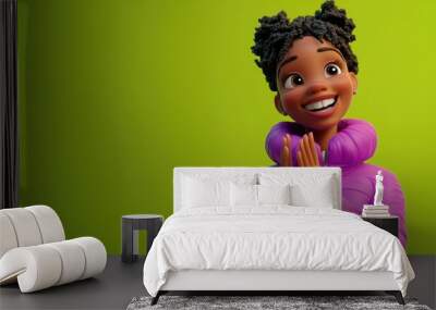 3D character close up portrait of a joyful black woman in a vibrant purple jacket, clapping her hands with a big smile, on a lime green gradient backdrop, copy space, cute cartoon style Wall mural