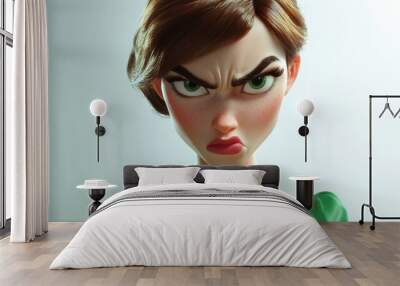 3D character close up portrait of a mildly frustrated white woman in a green formal dress, with a slight scowl and tense mouth, on a white backdrop, cartoon style, in the style of 3D design  Wall mural