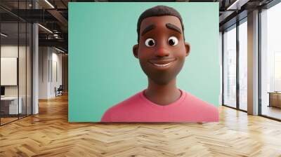 3D character close up portrait of a relaxed African-American man in a casual t-shirt, with a soft smile, with a light green gradient background, copy space, cartoon style, in the style of 3D design Wall mural