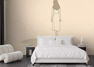 a minimal single line art of a woman walking along a path of stepping stones that turn into floating clouds, hand drawn style minimalist line art, beige colors and light blue tones, cream-colored  Wall mural