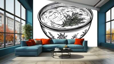 Black and white Vintage engraved art of a bowl of borscht with sour cream and dill, isolated on white background, ink sketch illustration, simple vector art design, highly detailed line art Wall mural