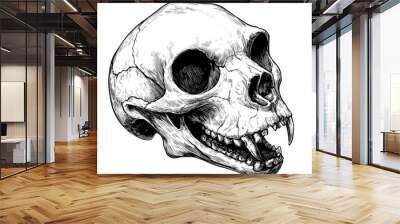 Black and white Vintage engraved art of a hamster skull, isolated on white background, ink sketch illustration, simple vector art design, highly detailed line art, high contrasty Wall mural