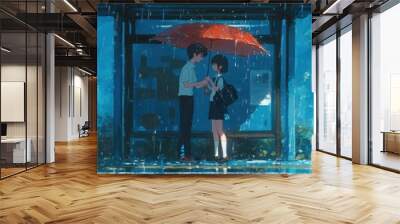 Boy and girl sharing a large red umbrella, wearing school uniforms, standing at a bus stop with rain pouring down, reflections in the wet pavement Wall mural