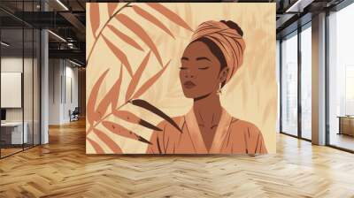 Chinese minimalism illustration, portrait of a dark-skinned woman with straight, chestnut brown hair styled in a sleek low bun with a silk headwrap, wearing a boho tunic, flat illustration  Wall mural