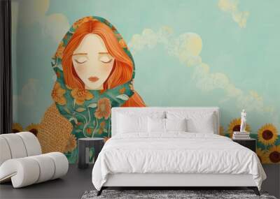 Chinese minimalism illustration, portrait of a fair-skinned woman with long, curly copper hair styled with a floral headscarf, wearing a cozy sweater, flat illustration Chinese figure illustration Wall mural