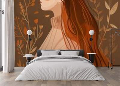 Chinese minimalism illustration, profile of a fair-skinned pregnant woman with long, wavy auburn hair styled with a delicate floral crown, wearing a relaxed maternity sweater, flat illustration  Wall mural