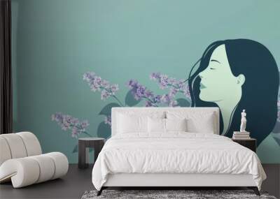 Chinese minimalism illustration, silhouette portrait of a woman with long wavy hair, flat illustration Chinese figure illustration on muted teal background, lilacs, empty copy space on one side Wall mural