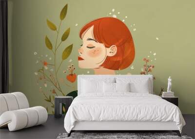 Chinese minimalism illustration, woman with red short hairs leaves and flowers, flat illustration Chinese figure illustration on olive green background, boho Wall mural