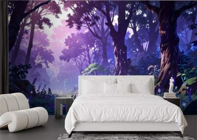 Glowing purple forest, trees, nature, particles, Anime style illustration, anime background, manga, vibrant, cartoon vector art Wall mural