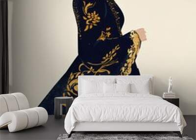 Minimalism illustration, a Turkish woman, wearing an ornate embroidered dress in royal blue with gold accents, standing with one hand holding her dress, traditional fashion, flat illustration Wall mural