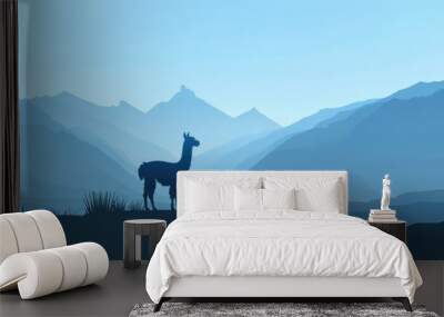 Minimalism illustration, silhouette of an alpaca standing in an Andean landscape with mountains, flat illustration on cool blue background, empty copy space, lofi style illustration  Wall mural