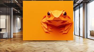 Origami art of portrait of a frog on solid orange background, origami craft for kids, paper art, copy space, paper sculpture, fun origami  Wall mural