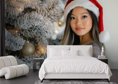 Portrait of an Asian woman with long, straight hair, wearing a glittery silver Christmas top and a red Santa hat, standing next to a Christmas tree with frosted branches and gold baubles Wall mural