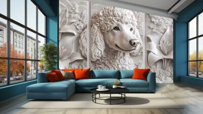 Set of 3 wall art panels with 3D wall carved art of close-up portrait of a dignified Poodle, framed by elegant white lilies and delicate ferns on a light grey background, split into three, sculpture Wall mural