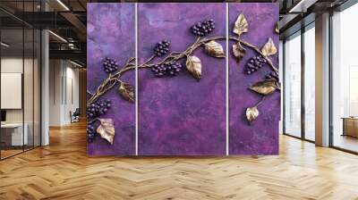 Set of 3 wall art panels with intricate grapevine tendrils curling, painting on a deep plum background, close up, split into three on white background , 3d carved, wall sculpt Wall mural