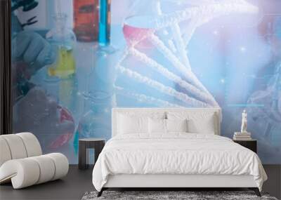 Doctor or scientist holding glass tube,with molecular and DNA structure and red blood cells sample inside,concept healthcare ,medical,science,technological development application biological system Wall mural