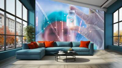 Doctor or scientist holding test tube analysis DNA structure molecule chain,medical and genetics,3d render,futuristic science biotechnology human cell in laboratory of biochemistry Wall mural