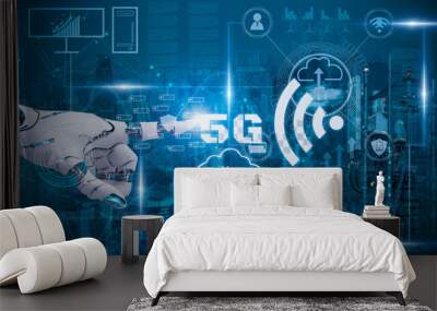 Internet of things or IOT concept,with robotic hand touch 5G symbol,5G network and wifi symbol cover area urban,concept futuristic fast communication and modern convenience,connectivity Every device Wall mural