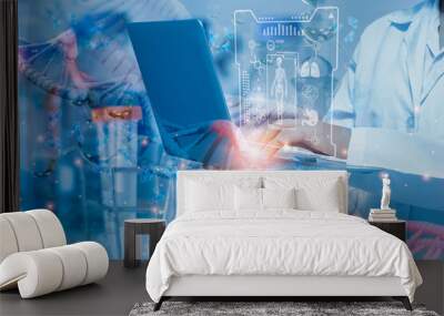 Women doctor or scientist holding smart computer equipment,molecular and DNA structure and atom,cells sample, healthcare,medical,science,technology,development,biology genetic research science concept Wall mural