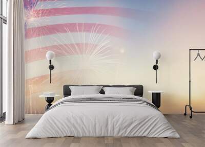 Celebration colorful firework on America flag pattern on sky background, red blue white strip concept for USA 4th july independence day, symbol of patriot freedom and democracy in memorial day festive Wall mural