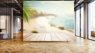 Empty wide Table top wooden bar with blurred beautiful beach scene background coconut leaf on frame for product display mockup outside summer day time. Resort clean wood desk board on nature view. Wall mural