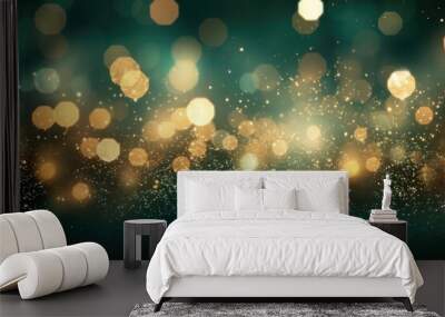 Happy Christmas light decorations in new year night winter background. Ornaments elements gold confetti bokeh color Xmas ornaments Glass ball tree decorations. Christmas glowing Golden Background. Wall mural