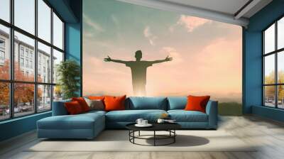 Happy man thinking felling depression energy mission on background. Christian realization pray happy freedom worship praise god. Strength courage self confident good life for yourself concept Wall mural