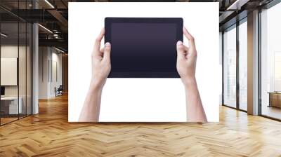 Man hand holding tablet tablet screen showing up overhead person isolate background concept for reality kid using black ipad pro augment ar white website mockup, computer men people meeting plan Wall mural