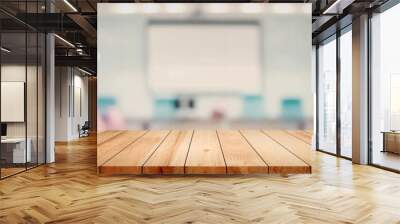 Panoramic empty clean wood counter table top on blur student study in classroom white light background for product education learning hall centre, Abstract Blurry wooden desk scene display or montage. Wall mural