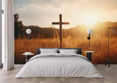 Silhouette jesus christ crucifix on cross on calvary sunset background concept for good friday he is risen in easter day, good friday jesus death on crucifix, world christian and holy spirit religious Wall mural